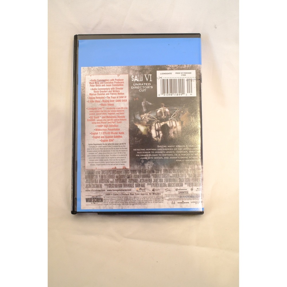 Saw VI Blu-ray Unrated Director's Cut 2009 Lionsgate Horror Blockbuster Case